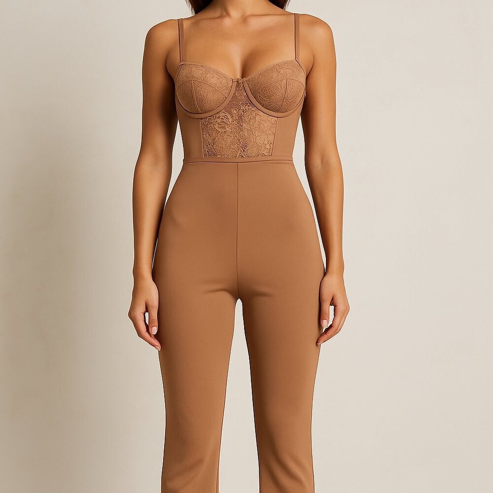 NWT Revamped | Nude Lace Bustier Jumpsuit | Size XS | Mocha Tan One-Piece